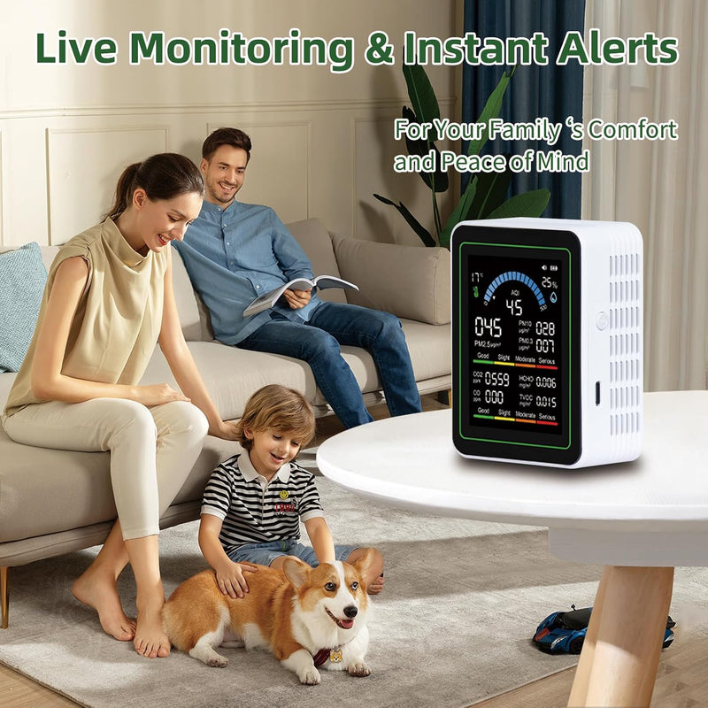 Air Quality Monitor Indoor,13-in-1 Smart Air Quality Tester with PM 2.5, CO2, TVOC, HCHO, PM1, AQI, PM10, Temperature & Humidity, Real Time Display, Battery Powered, for Home & Office (White) White - NewNest Australia