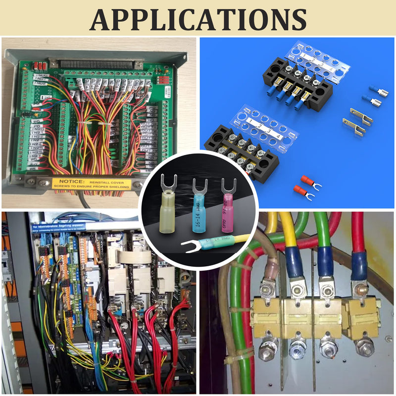 100pcs 12-10 AWG Marine Grade Heat Shrink Fork Connectors, ＃10 Tinned Copper Heat Shrink Fork Terminals, Insulated Electrical Spade Crimp Fork Wire Connectors (Yellow AWG12-10) Yellow AWG12-10