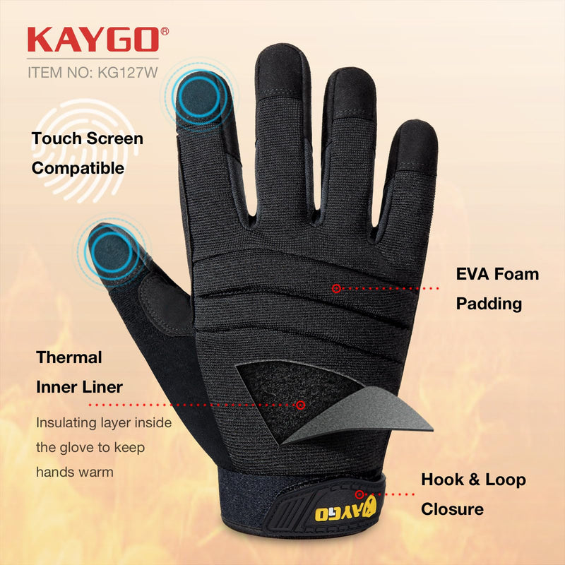 KAYGO Insulated Mechanic Work Gloves,3 Pairs KG127W Winter Thermal Safety Work Gloves for Men and Women, Double Lining,Heavy duty,Improved dexterity,Excellent Grip,Ideal for outdoor jobs,XL Black-thermal X-Large (Pack of 3)