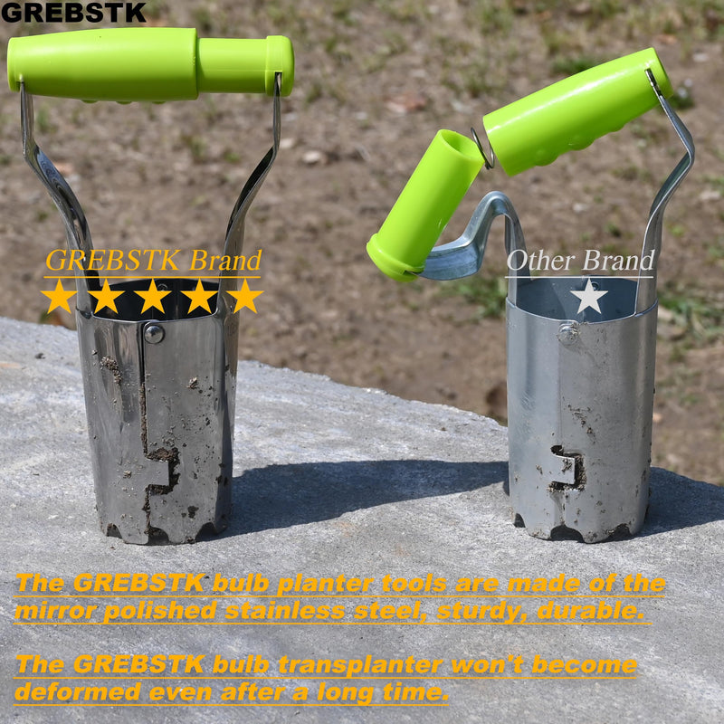 GREBSTK Sturdy Stainless Steel Gardening Bulb Transplanter Tool with Depth Mark and Soil Release Handle for Planting Bulbs 9.4 inch