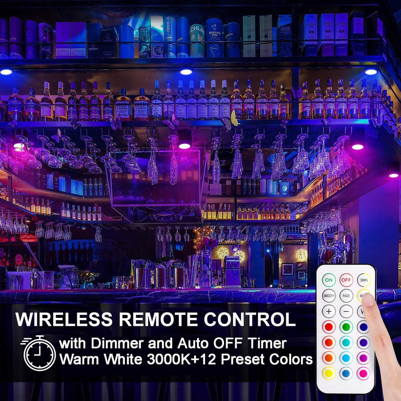 BLS LED Puck Lights with Remote Control, Wireless Under Cabinet Lighting, Battery Powered Lights, Stick on Lights, Color Changing Lights with Dimmer and Timer, AA Battery Operated Closet Light, 6 Pack RGB -6 Pack(White Shell)