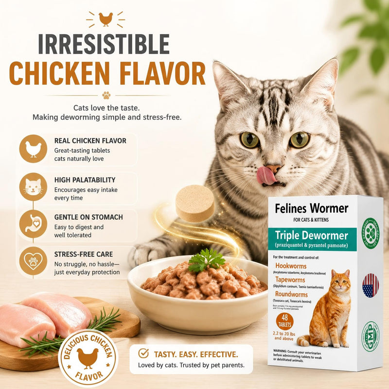 Cat Dewormer for Cats & Kittens –Broad Spectrum Triple Wormer Tablets with Praziquantel & Pyrantel Pamoate for Tapeworms, Roundworms & Hookworms, 48 Tablets