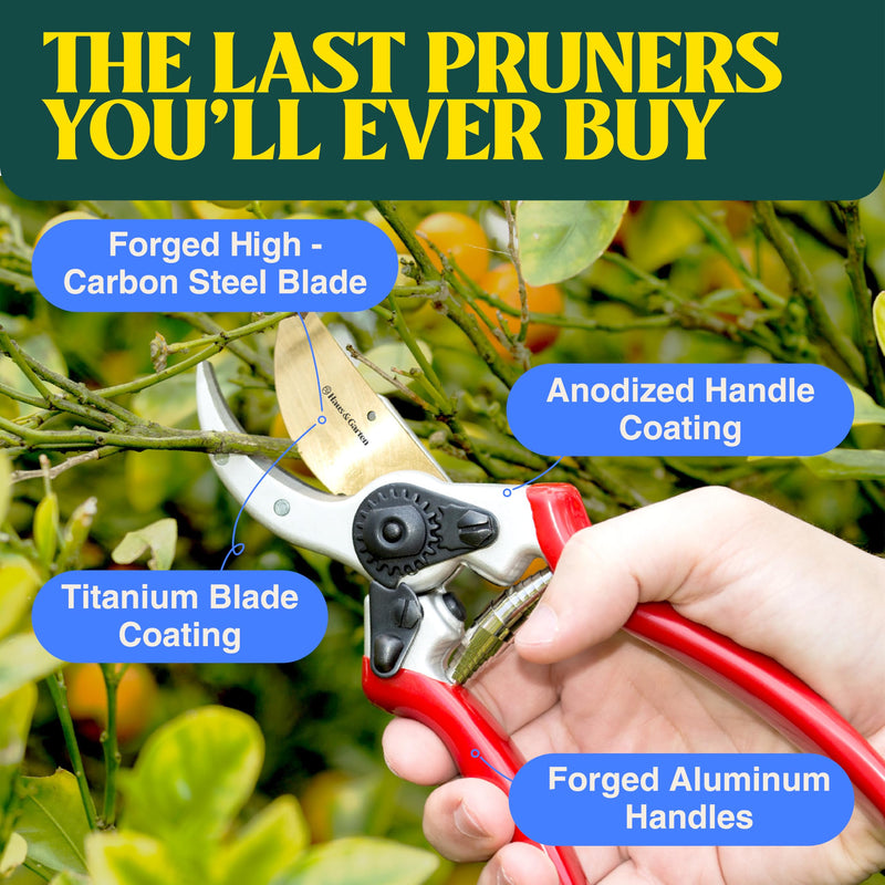 Haus & Garten ClassicPRO 8.5" Professional Premium Titanium Bypass Pruning Shears - Use As Pruners, Garden Shears, Heavy Duty Handheld Pruning Shears For Gardening, Clippers, Pruner Scissor Tool Red