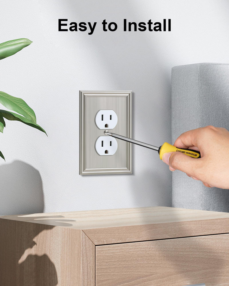 4-Pack Duplex Outlet Cover, Durable Solid Zinc Alloy Decorative Switch Plates and Outlet Covers, Brushed Nickel Wall Plates for Electrical Outlet, 1 Gang Receptacle Cover, Corrosion Resistant 1 Duplex 4PK