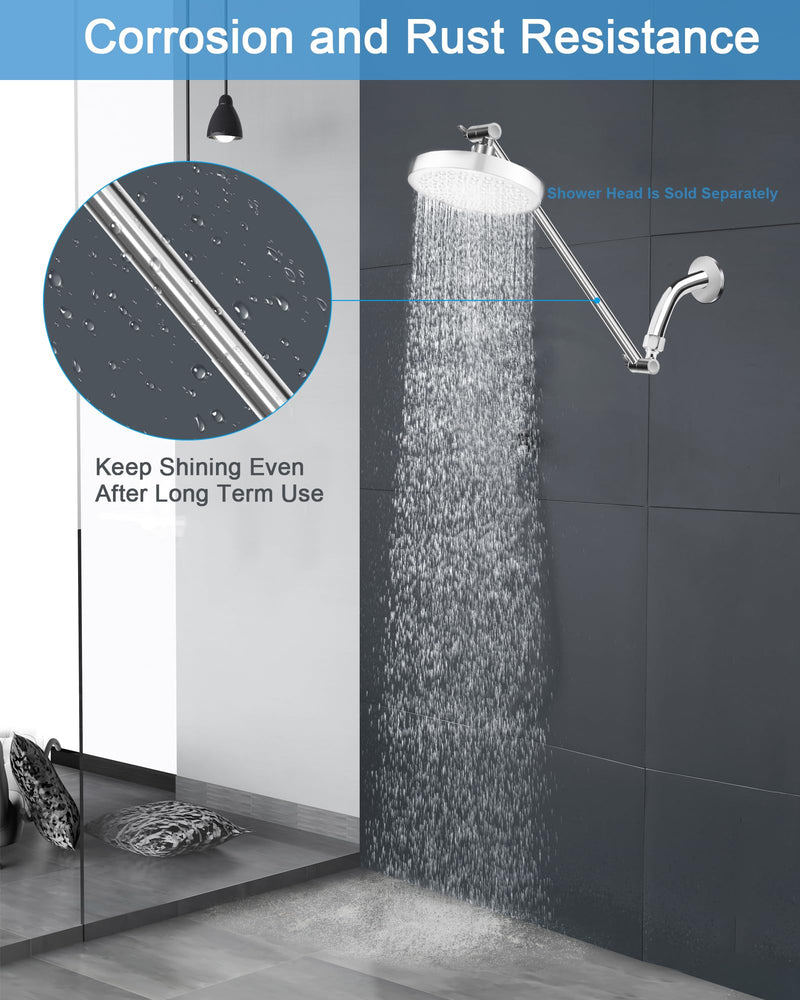15 Inch Extra Long Adjustable Shower Head Extension Arm With Locking Set Screw, Singing Rain Brass Chrome Angle Height Adjustable, Easy To Install, G1/2 Universal Connector Compatible (Chrome Finish) 15 inch