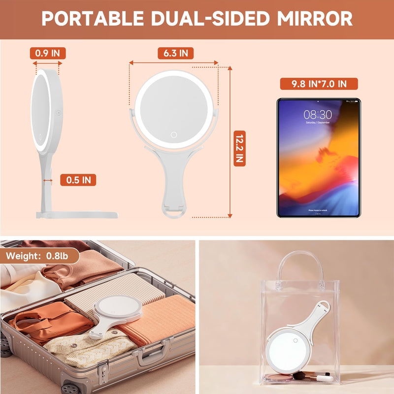 Hasipu Portable Travel Makeup Mirror with Lights – 360° Rotating with 1X/10X Magnifying, Rechargeable Tabletop Handhold Hanging 3 in 1 Mirror (White) White