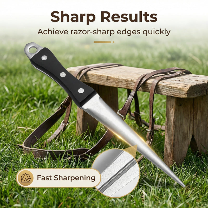 Hoof Knife Sharpening Rod - 10” Professional Honing Steel for Farrier & Farm Knives with Ergonomic Solid Wood Handle & Protective Sheath