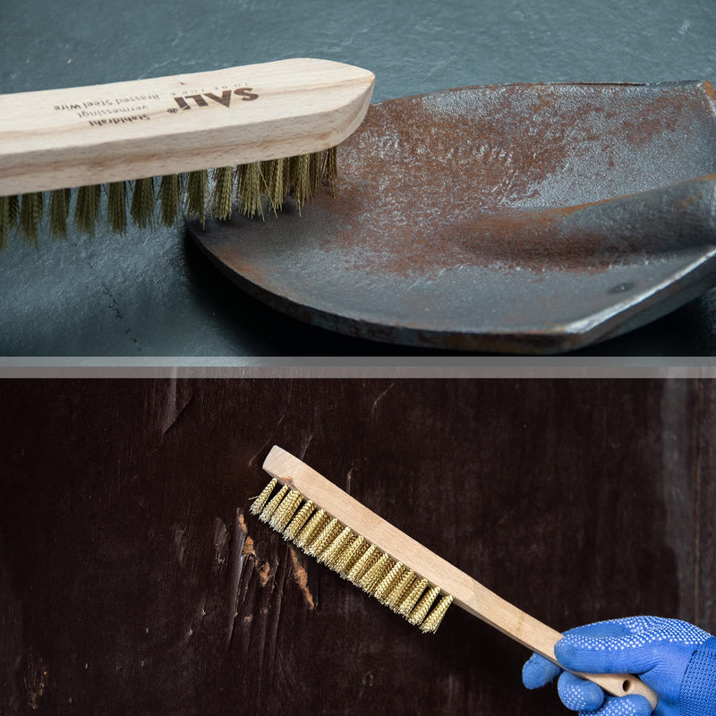 SALI Wire Brushes for Cleaning Rust Removal Heavy Duty Brass Brush Tool for Automotive,Paint , Welding Slag,Grill,Household Clean 11" Long Curved Beechwood Handle , 14X4 Rows Bristles Pack of 2