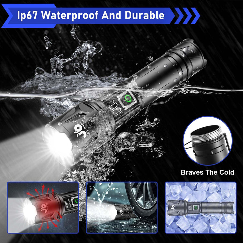 JAY-PARK High Lumen Flashlight - 100000 Lumens, Rechargeable 5000mAh with LCD Display, Zoomable Long Beam (3000m), IP67 Waterproof, 5 Modes & Belt Clip - for Camping, Dog Walking Black