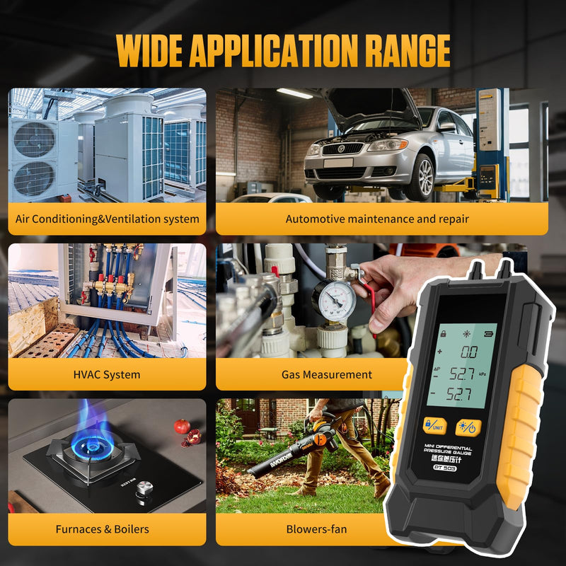PT503 Manometer Gas Pressure Tester,Dual-Port HVAC Digital Manometer with Range of -100 to 200 KPa, 6 Units, Data Retention, 7Adapters PT503