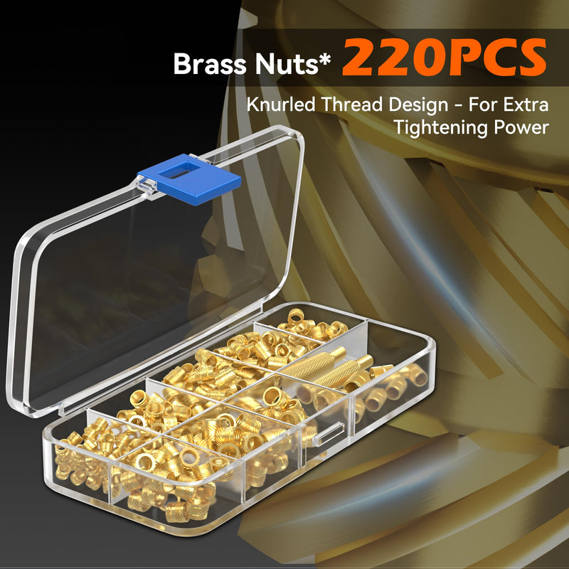 Threaded Inserts Set, 220Pcs Heat Inserts & Heat Set Insert Tips (M2 M2.5 M3 M4 M5 M6 M8), 90W Soldering Iron, Heat Insert Tool for 3D Printed and DIY Plastic Parts