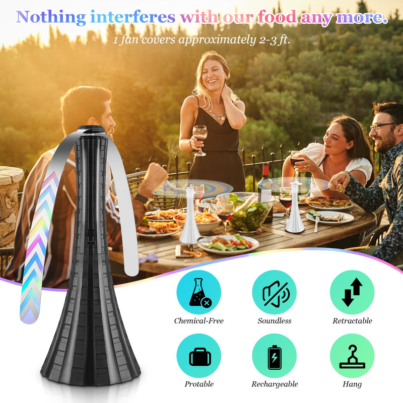 Fly Fans for Tables Rechargeable, 1800mah Table Fans to Keep Flies Away by Soft Blades, Fly Repellent Outdoor Patio, Camping Picnic Essentials, BBQ Party Supplies for Food, 2pcs Black