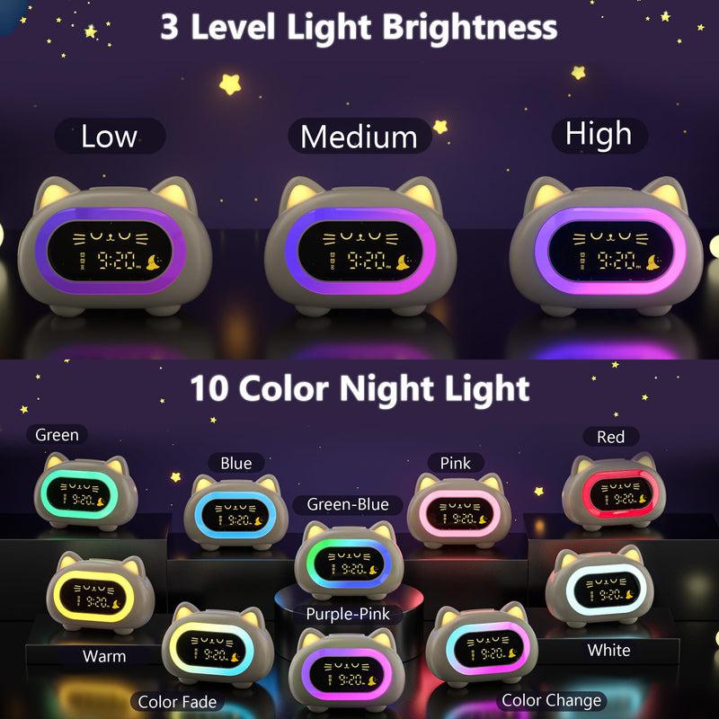 Alarm Clock for Kids, Ok to Wake Clock for Kids with Eye Protection Sleep Training Auto Off Feature 10 Night Light Dual Alarm, Kids Alarm Clock Cute Cat Gifts for Girls Creamy White New