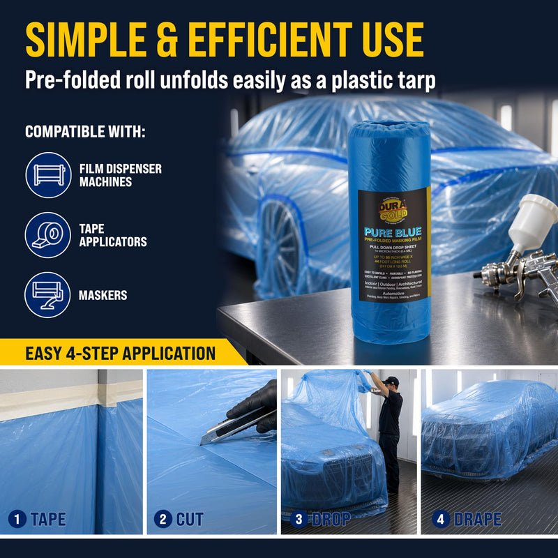 Dura-Gold 95" x 44' Pure Blue Pre-Folded Masking Film, (3 Pack) Painters Plastic Roll (0.4 Mil), Pull Down Drop Sheet, Pre-Folded Plastic Sheeting for Painting Protection on Auto, Walls, Furniture