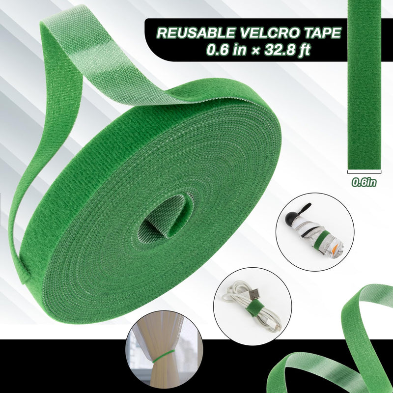Velcro Plant Tape - 1 Roll Plant Supports for Growing Reusable Adjustable Cut-to-Length 0.6 in x 32.8 ft Indoor Outdoor Use Ideal for Gardening, Tomato, Rose Bushes, Fruit Trees, Green
