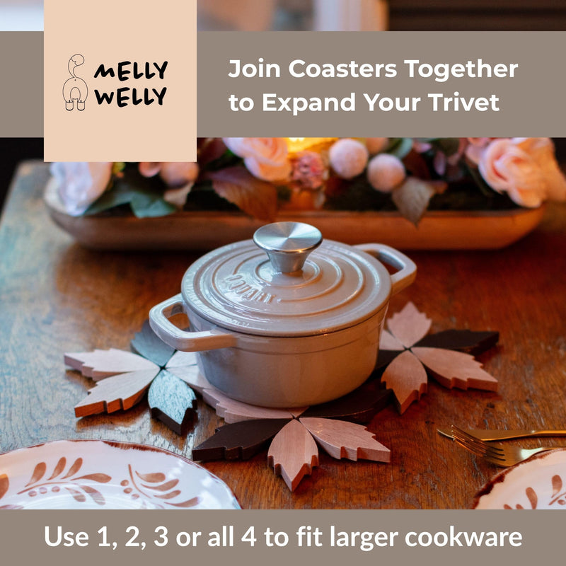 Expandable Wooden Tree Trivet Set – Modular Leaf Design, Non-Slip Silicone Base, Heat Resistant Pot Stand, Decorative Kitchen and Table Protection. Gift for mom