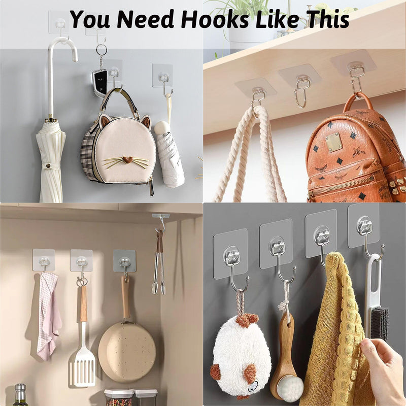 DKHDBD Large Adhesive Hooks, 16-Pack Hold 44lb(Max) Heavy Duty Sticky Hooks, Waterproof Transparent Hooks for Hanging, Self-Adhesive Traceless Clear Wall Hooks to Use for Keys Robe & Towel