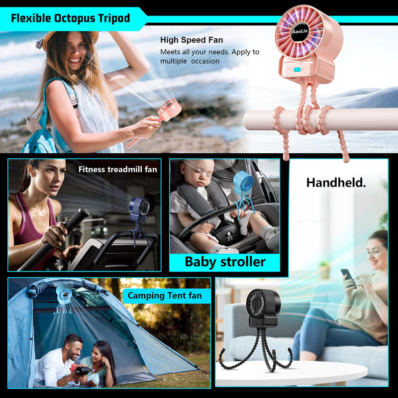 2 Pack Multifunctional Portable Stroller Fan 4 Speed 6600rpm High Speed Usb Rechargeable Personal Mini Handheld Fan Extended Tripod For Desktop Winding Kids Bed Treadmill Bike Golf Cart Outdoor Travel Pink-2p