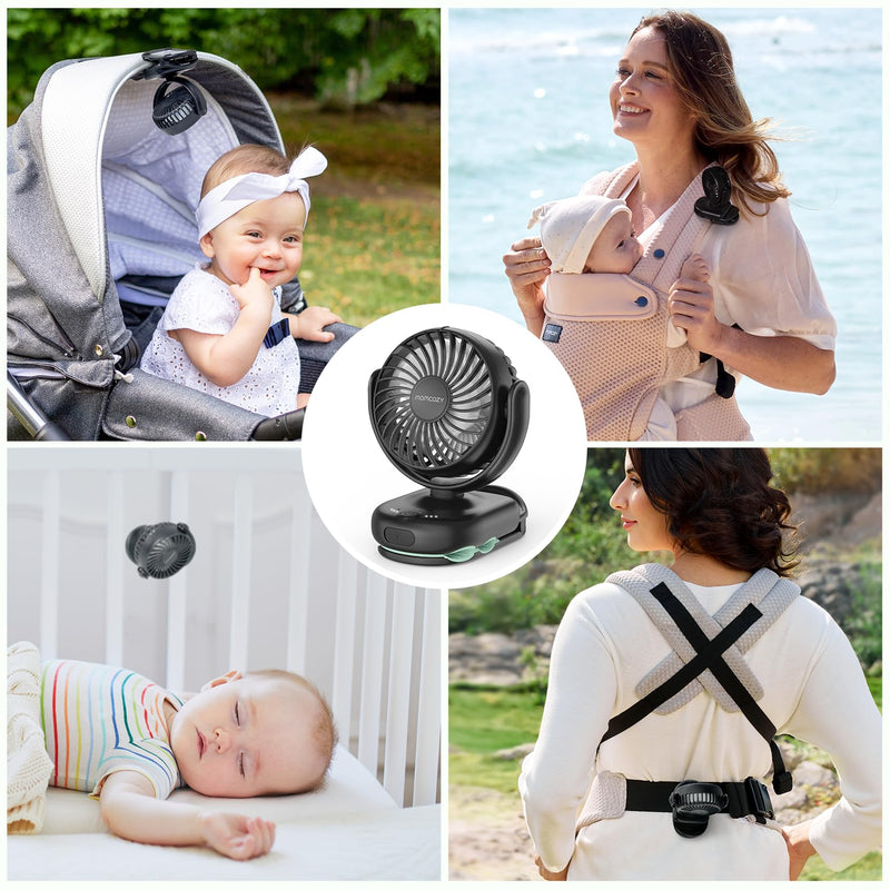 Momcozy Portable Stroller Fan with Clip | 4-Speed Mini-Fan for Carrier | Personal Fans Ultra Light 0.26lb | Gaps ≤4.5mm | Handheld Cooling | Rechargeable Rotate for Diaper Backpack/Table/Chair Black