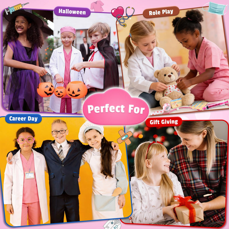 UNGLINGA Doctor Costume for Girls - Kids Scrubs with Lab Coat Stethoscope, Doctor Dress Up for Halloween Career Day Role Play M (5–6Y)