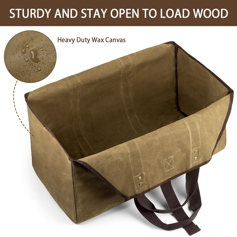 BONTHEE Firewood Carrier Bag Waxed Canvas Waterproof Extra Large Log Carrier Holder Freestanding Tote Bag for Firewood 1_classic_brown