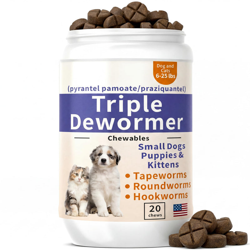 FLIKO 3-Way Dewormer for Dogs, Puppies, Cats & Kittens, Puppy Dewormer for Tapeworms, Roundworms & Hookworms, Pyrantel Pamoate & Praziquantel, 20 Chews