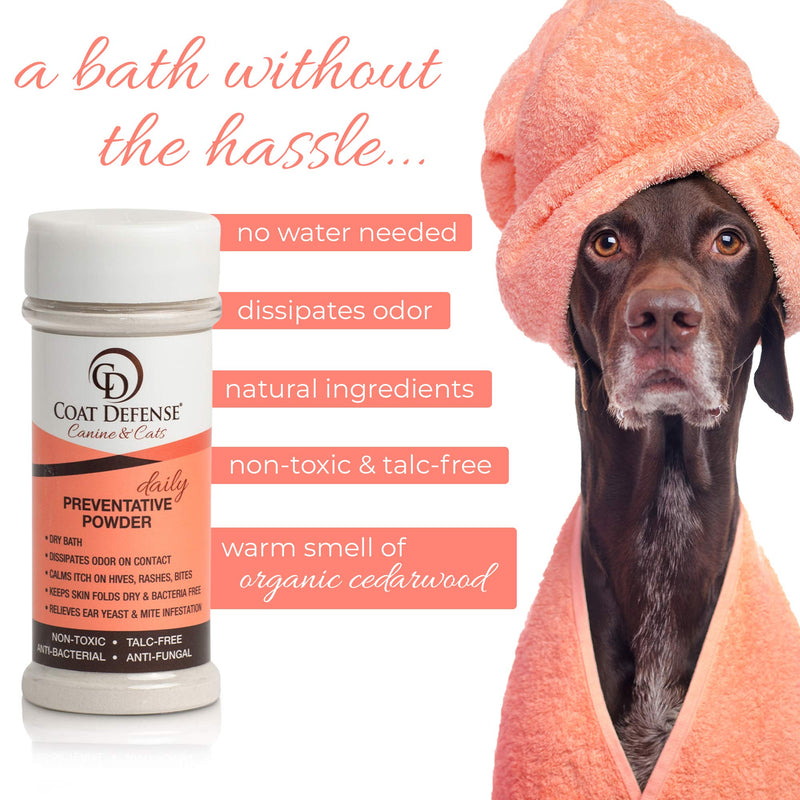 COAT DEFENSE Canine Daily Preventative Powder - Waterless Dog & Cat Dry Shampoo & Pet Deodorizer, Provides Itchy Skin Relief, Wound Care for Dogs & Dog Odor Removal Powder, 6 oz - PawsPlanet Australia