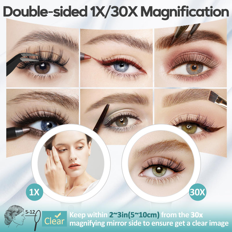 B Beauty Planet Magnifying Mirror with Light 30X, Double-Sided 1X/ 30X Magnifying Makeup Mirror with Tweezer, 2000mAh 3 Colour Modes with Adjustable Brightness,Foldable Travel Mirror(9" L x 7" W) White