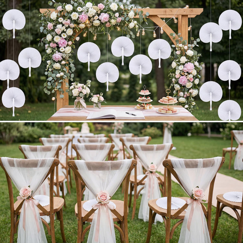 WDAHDHP White Paper Fans Bulk, 20Pcs Foldable Handheld Fan for Wedding Guests, Round Decorative Folding Hand Fans for Bridal Shower Church Party Favors Dancing DIY White 20Pcs