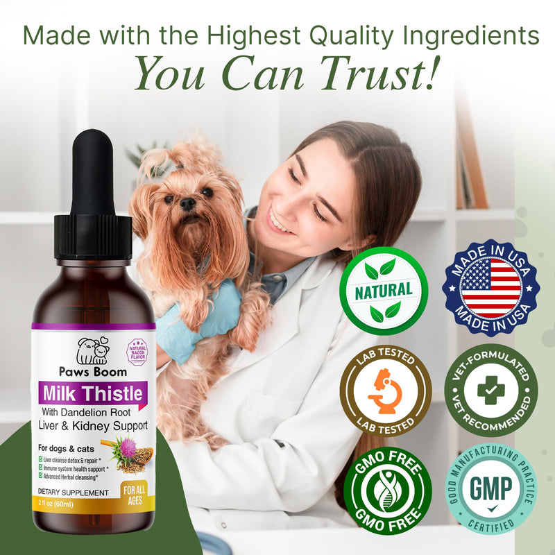 Milk Thistle for Dogs and Cats | Liver Cleanse Detox & Repair with Dandelion Root | Kidney Support Supplement| Herbal Remedy | Denamarin for Dogs| Natural Liquid Vitamins| Bacon Flavor | 2 oz (60 ml)