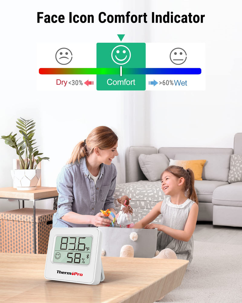 ThermoPro TP357 Digital Hygrometer Indoor Thermometer of 260FT, Bluetooth Thermometer Humidity Meter with Smart App, Room Thermometer Humidity Gauge with Temperature Humidity Sensor 1 White