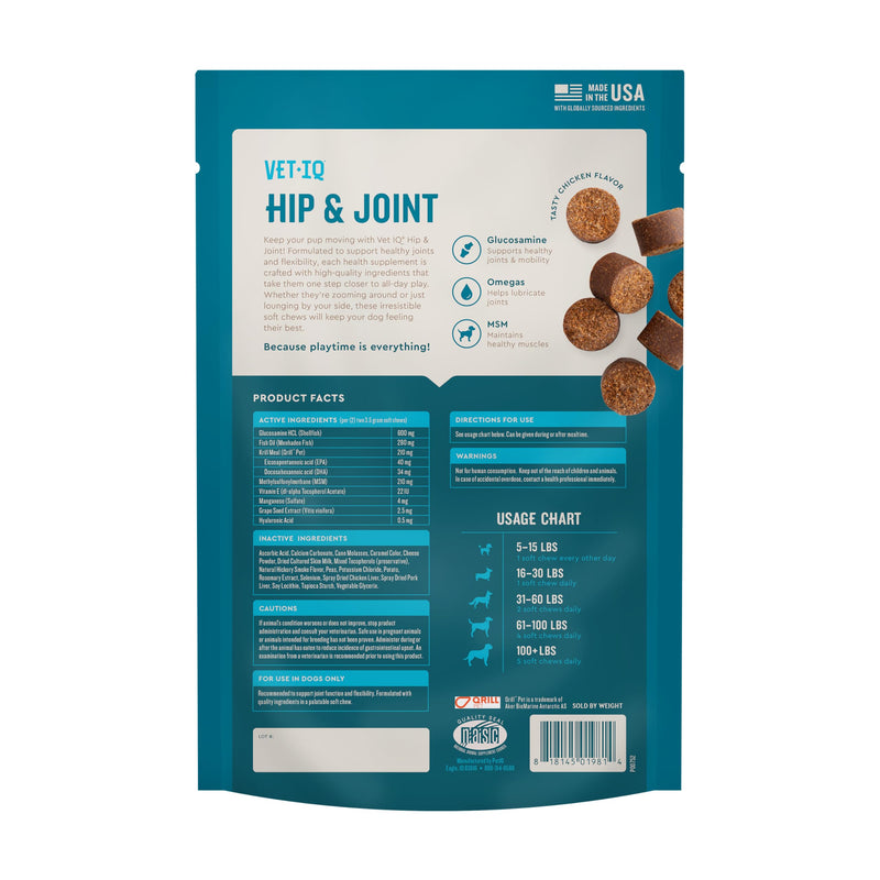 VetIQ Glucosamine Hip & Joint Supplement for Dogs, 60 Soft Chews, Joint Support Supplement with MSM and Krill, Dog Health Supplies Large & Small Breed, Chicken Flavored Chewables 60 Count
