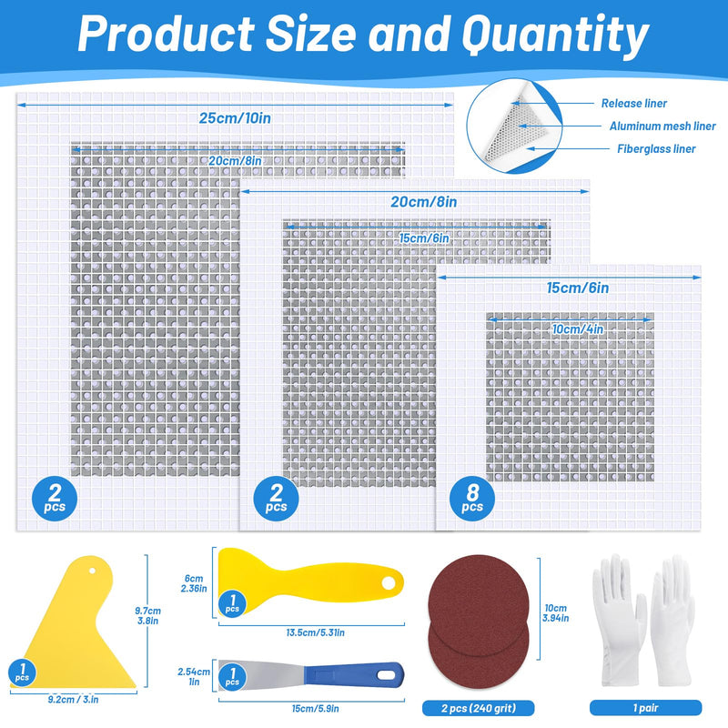 12 PCS 4/6/8 Inch Wall Repair Patch Kit, Aluminum Mesh Dry Wall Hole Repair Patch with Scraper Sandpapers Gloves Heavy Duty Wall Repair for Large Holes Quick Fixes 12 PCS 4/6/8inch Wall Repair Patch Kit