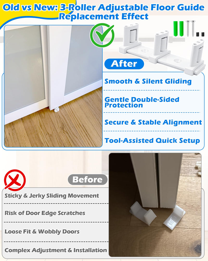 IWIWE Sliding Door Floor Guide, White Bypass Door Guide, Adjustable 3-Roller Bottom Mount for Sliding Closet & Barn Doors Upgrade Kit (4 Pack) 4