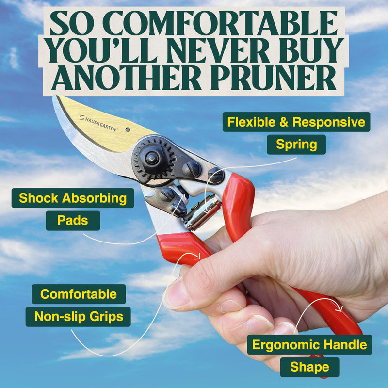 Haus & Garten EnduroPRO Ergonomic Bypass Pruners - Professional Titanium Garden Shears - Heavy Duty Hand Pruning Scissor, Tree Trimmer, Gardening Tool, Branch, Hedge, Rose, Shrub & Bush Clippers