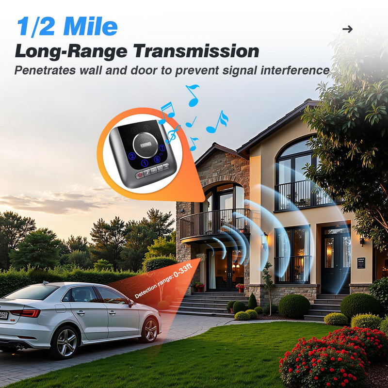 Solar Driveway Alarm Wireless Outside 1/2 Mile Long Range, 3 Sensitivity & Weatherproof for Outdoor/Indoor Property Security Alarm, Rechargeable Battery Expandable Motion Detector & Sensor 1 Receiver & 2 Sensors