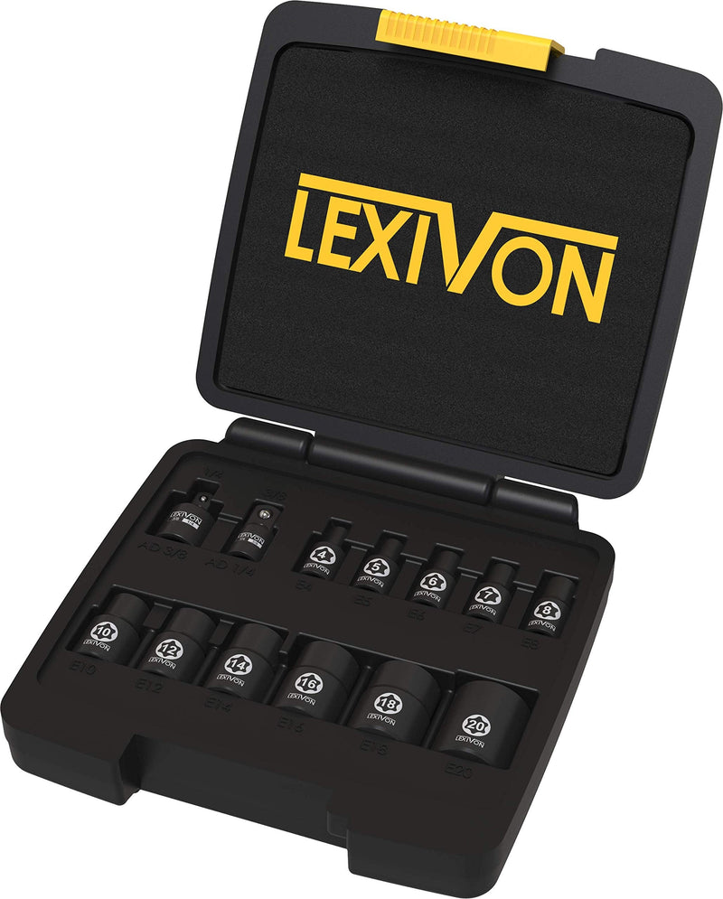 LEXIVON E-TORX Socket Set, Chrome Vanadium Alloy Steel | 13-Piece Female Star Socket E4 - E20 Set | Enhanced Storage Case (LX-147) Torx