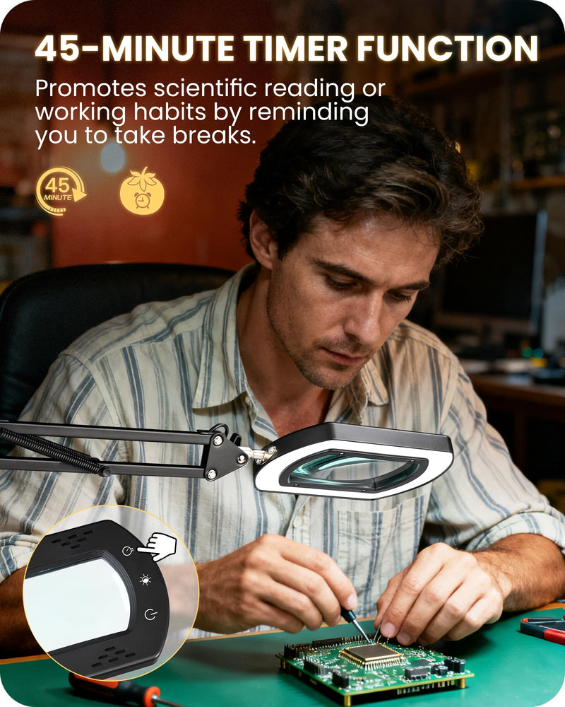 10X Round Magnifying Glass with Light and Stand, 2-in-1 LED Lighted Desk Lamp & Clamp, 5 Color Modes Stepless Dimmable, Hands-Free Magnifier Desk Lamp for Reading Craft Close Work B02DL05 Round Base & Clamp