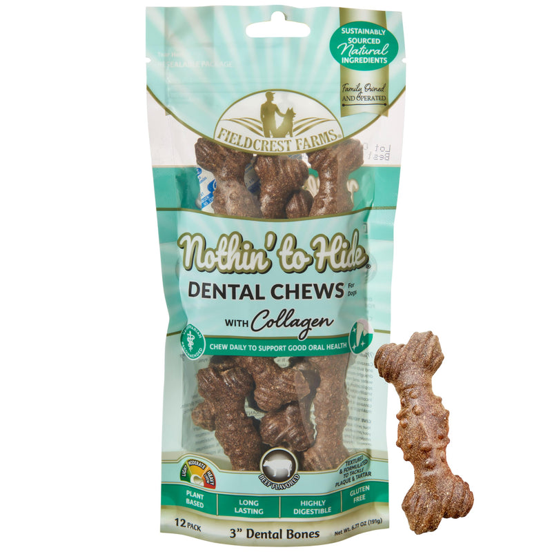 Fieldcrest Farms Nothin’ to Hide Dental Chews with Collagen – 3" Beef‑Flavor Bones, 12‑Pack 1 Count (Pack of 12) Dental Bone