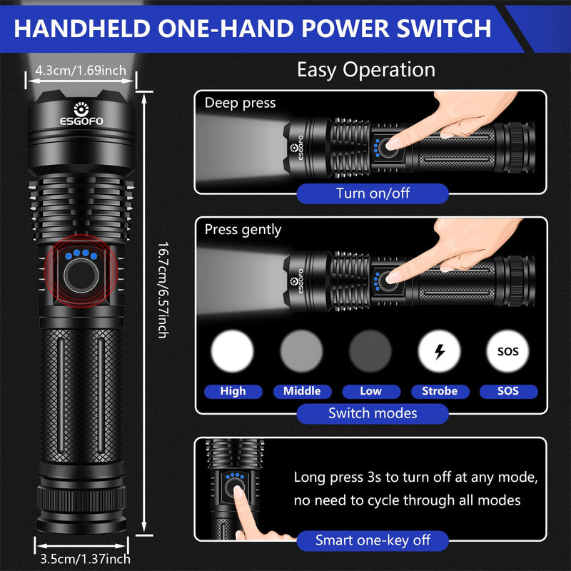 Esgofo Flashlights High Lumens 100000 Rechargeable, Super Bright Handheld LED Flash Light, Powerful Emergency Linternas, Waterproof, Long Lasting, for Hiking Camping Gift 20.0 Watt Hours
