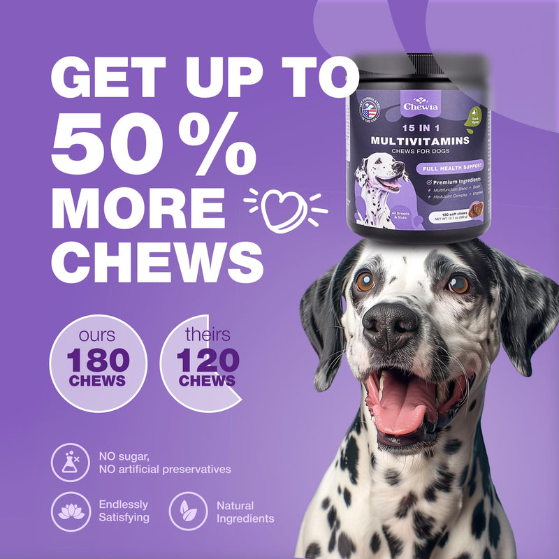 Dog Vitamins 15 in 1 - Dog Multivitamin Chews with MSM for Hip & Joint Health - Dog Supplement for Itchy Skin Relief - Multivitamin for Dogs Immune Support with Enzymes - Skin & Coat, Mobility Support 180 count - PawsPlanet Australia