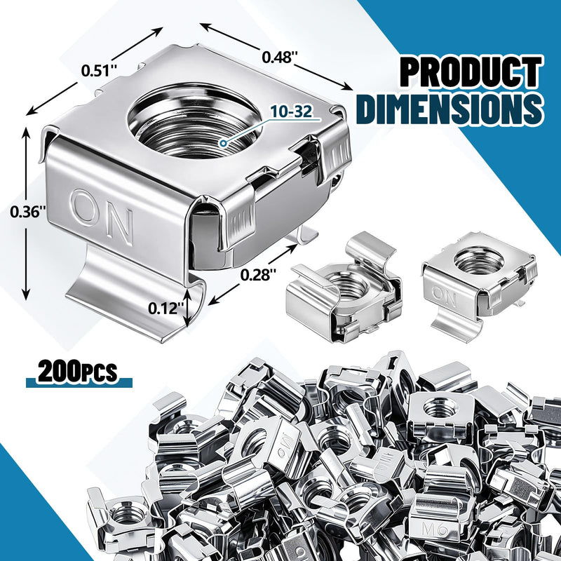 10-32 Galvanized Cage Nuts 200 Pack, Zinc Plated Floating Design for 19 Inch Server Rack Cabinet Square Hole Rails Mounting Fasteners
