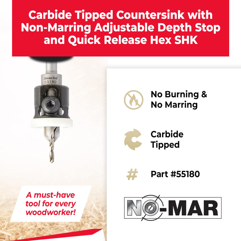 Amana Tool Carbide Tipped 82 Degree Countersink Drill Bit and Adjustable Depth Stop, Compatible with Festool CENTROTEC, 55180, 3/8 Dia x 7/64 Drill D