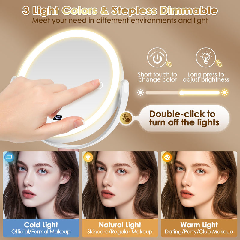 MIYADIVA Makeup Mirror with Lights, 30X/1X Magnifying Mirror with Digital Display, Height Adjustable Desk Mirror, Detachable for Travel, Vanity Mirror with Phone Holders and Tweezers, Gifts for Women White