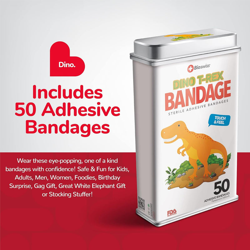 BioSwiss Bandages, Dinosaur Shaped Self Adhesive Bandage, Latex Free Sterile Wound Care, 50 Count 50 Count (Pack of 1)