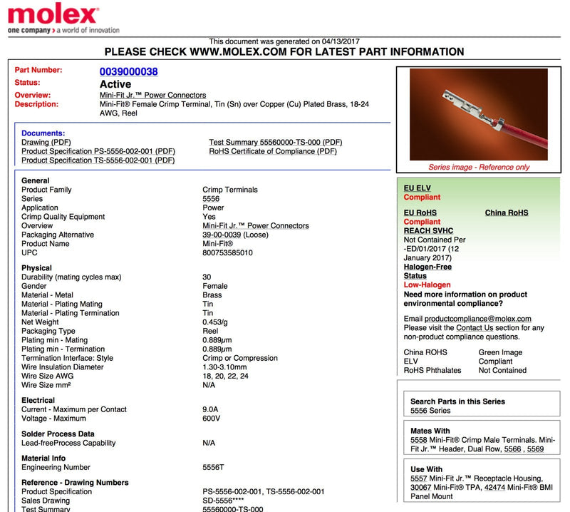 Molex 4-Pin Black Connector Pitch 4.20mm.0165" w/18-24 AWG Pin Mini-Fit Jr ™ (3 Match Set)