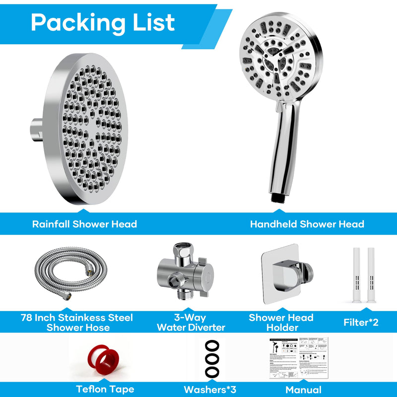 Shower Head with Handheld Spray Combo,High Pressure Dual Double Rain Shower Head with Handheld 10-Mode 78" Hose Chrome - NewNest Australia