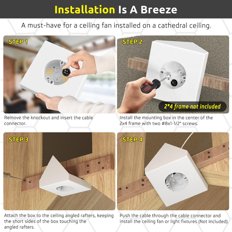 Fan Mounting Box, Ceiling Fan Mounting Bracket, Ceiling Fan Mounting Box, Ceiling Fan Mounting Kit, Fan Mounting Bracket, Fits cathedral Ceiling Angles of 80° or Up, White,1-Pack 1