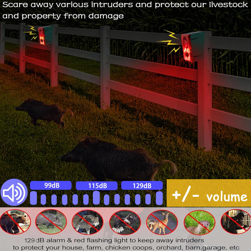 Solar Outdoor Motion Sensor Alarm - Dog Barking&Gunshot Sound 130db Motion Detector Alarm Light,with Remote Controller for Home, Villa,Yard,Chicken coop 911N 1 Pack