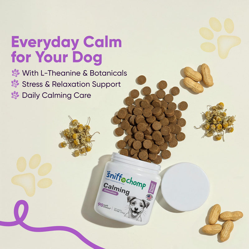 SNIFF 'N' CHOMP Dog Calming Chews, Peanut Butter Flavor, Natural Anxiety Relief with L-Theanine Chamomile Valerian Melatonin, Stress Support for All Breeds, Calming Dog Treats | 90 Soft Chews